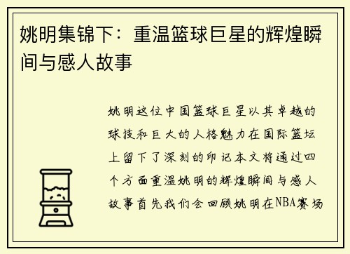 姚明集锦下：重温篮球巨星的辉煌瞬间与感人故事